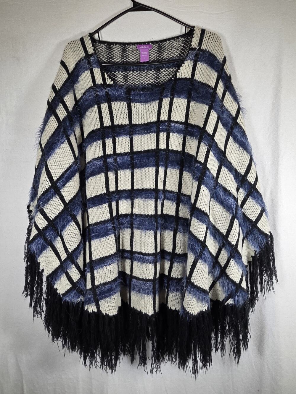 Olivia M Womans Plaid Blue/black/white Fringe Poncho Cape Knit Sweater Size Med.